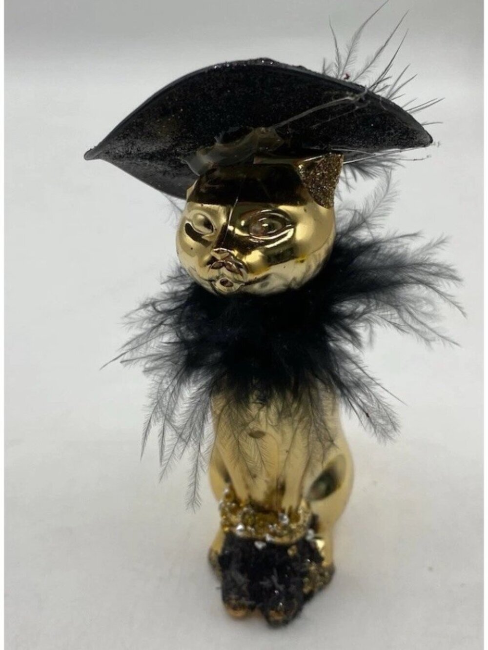 Fashion Diva Cat Ornament Gold Black Hat Feather Rhinestones Halloween Christmas